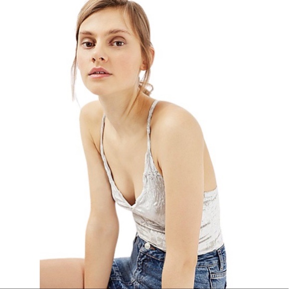 TOPSHOP Strappy Velvet Bodysuit in Grey/Silver